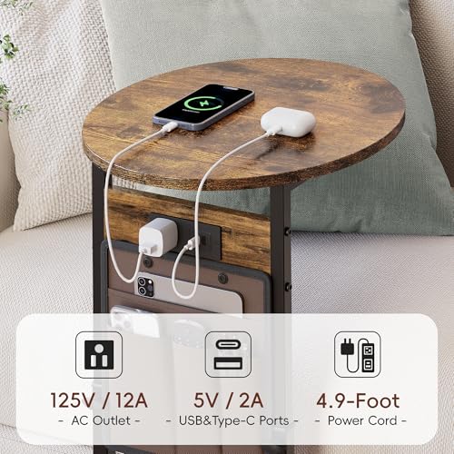 Vagusicc C Shaped End Table with Charging Station, Adjustable Height Side Table for Couch, 32" Tall End Table Small Couch Side Table, Slide Under Sofa TV Tray Snack Arm Tables for Living Room, Brown - color: Rustic Brown, style: Charging Station