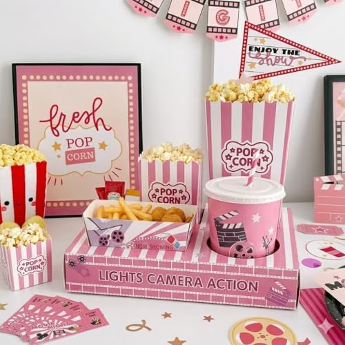 100 PCS Pink Movie Night Party Supplies Set, Movie Snack Trays with Popcorn Boxes, Treat Boxes and Invitation Cards, Cute Disposable Snack Holders for Girls' Night Birthday Sleepover Pajama