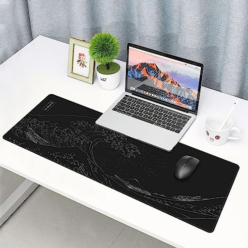 Japanese Gaming Mouse Pad Black Mouse Pad Kanagawa Large Mousepad Non-Slip Rubber Base Waterproof with Stitched Edges for Gaming Office Home, 31.5x11.8 Inch (Black Wave) - color: Kanagawa Wave