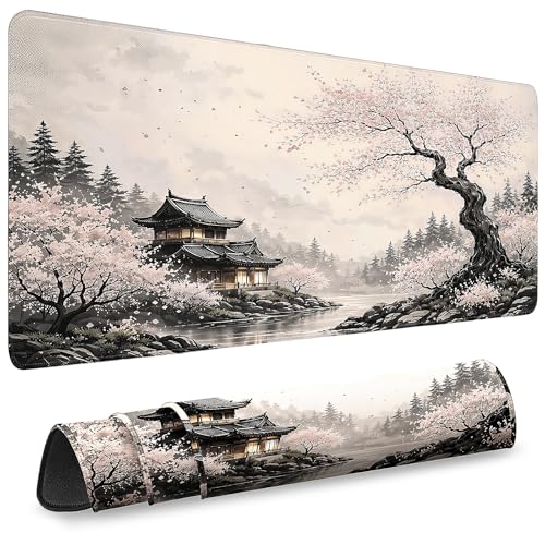 Gaming Desk Mat with Silky Smooth Surface & Exquisite Patterns,31.5x11.8 Inches Large-Sized Mouse Pad, Perfect for Extended Gaming,Work,and Home Office Decor (Japanese Ink Painting 2) - color: Japanese Ink Painting 2