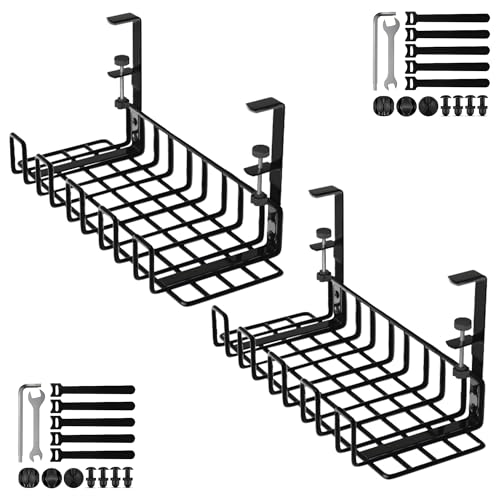 Under Desk Cable Management Tray, 16” No Drill Cord Organizer with Clamps for Wire Management, 4mm Sturdy Wire Desk Cable Organizer Tray, Cable Management Rack for Home & Office (Pack of 2) - size: 16"L x 6"W (Pack of 2)