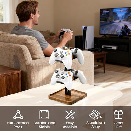 Game Controller Wood Stand for Desk, Adjustable 2 Tiers Game Controller Holder for PS/Xbox/Switch/Nintendo,Dual Tiers Controller Holder On The Desk,Solid Wood,4-in-1 Black