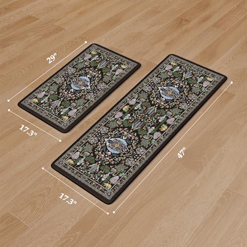 KIMODE Anti Fatigue Kitchen Mats for Floor 2 Piece, Black Vibrant Floral Kitchen Rugs 17"x47"+17"x29", Non Slip Waterproof Kitchen Floor Mats, Standing Mats for Laundry Office Sink Desk - color: Forest/Black, size: 17.3" x 47"+17.3" x 29"--0.47 inches