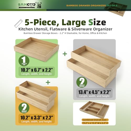 BAMOTTO CRAFTBAMBOO Stack Bamboo Drawer Organizer Set of 5, Kitchen Utensil, Flatware&Silverware Organizer-Wood Laminated Stackable for Kitchen, Bedroom, 13.4''x4.5''*2+10.2''x3.3''*2+10.2''x6.7''*1 - color: Bamboo (5 Piece Set), size: 19.2" L x 13.3" W x