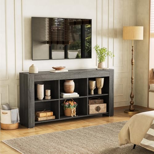 LITTLE TREE TV Stand with Storage, 63-Inch Entertainment Center with Shelves, Modern Media Console for Television up to 65" for Living Room, Bedroom, Grey + Black - color: Grey + Black