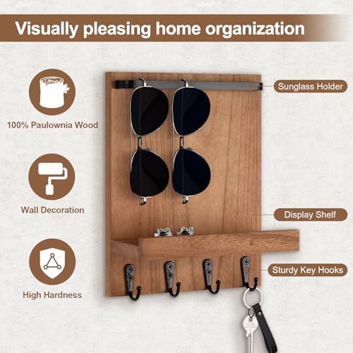 Key Holder Wall Mount, Key Holder for Wall with 4 Hooks, Farmhouse Key Hanger Holds Dog Leash, Sunglasses – Decorative Mail Organizer Home Decor (Wood) - color: Wood