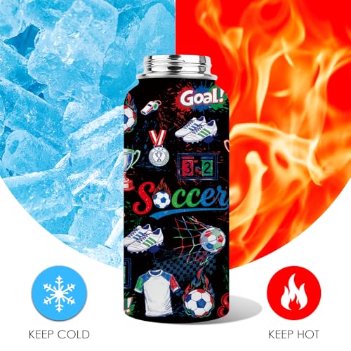 Soccer Water Bottle with Lid - Gift for Soccer Coach Player Fan - 32oz Insulated Stainless Steel Sport Bottles for Women Men Teens - color: Soccer