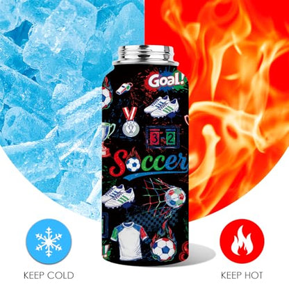 Soccer Water Bottle with Lid - Gift for Soccer Coach Player Fan - 32oz Insulated Stainless Steel Sport Bottles for Women Men Teens - color: Soccer