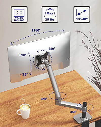 Ergounion Single Monitor Arm Desk Mount, Holds Screens up to 40 Inches and 25 lbs, Fully Adjustable Vesa Monitor Mount with C-Clamp and Grommet Base, Aluminum, Silver - color: Silver, size: Single