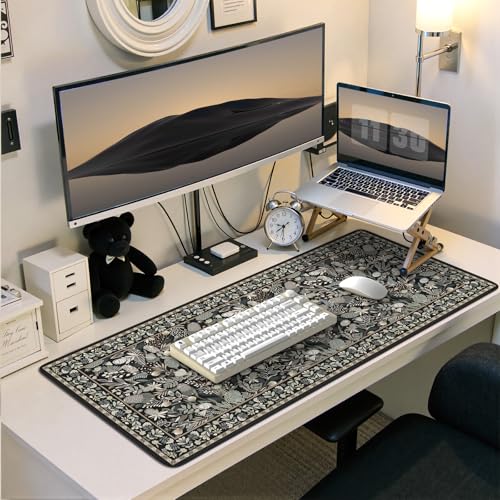 iCasso Black Desk Mat,Big Mouse Pad with Stitched Edges,Gaming Computer Pad for Desktop,Anti-Slip Keyboard Mat for Women Girl,Large Desk Cover Mat for Office Home School - color: A-plant-black