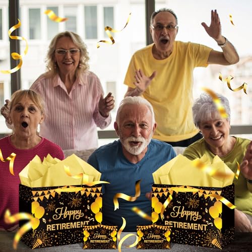 Hooqict Large Retirement Gift Bag Black Gold Happy Retirement Party Gift Bag with Handles, Wrapping Paper, Greeting Card for Men Women Coworker Teacher Farewell Going Away Party Favors - color: Retirement