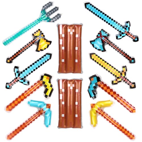 CCINEE 12PCS Inflatable Pixel Weapon Bulk Diamond Swords Axe Pickaxe Trident Shields For Cosplay Birthday Swimming Pool Beach Party Supplies