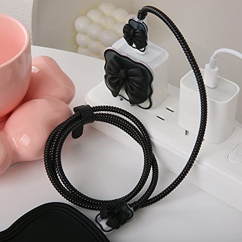 Compatible with iPhone 18W/20W USB-C Charger Cover Cute 3D Bow Tie Design Clear Soft Charger Protector Kawaii Cable Saver for iPhone 11 12 13 14 Pro Max Fast Power Adapter, Black 2 (5in1) - color: Black 2 (5 in 1)