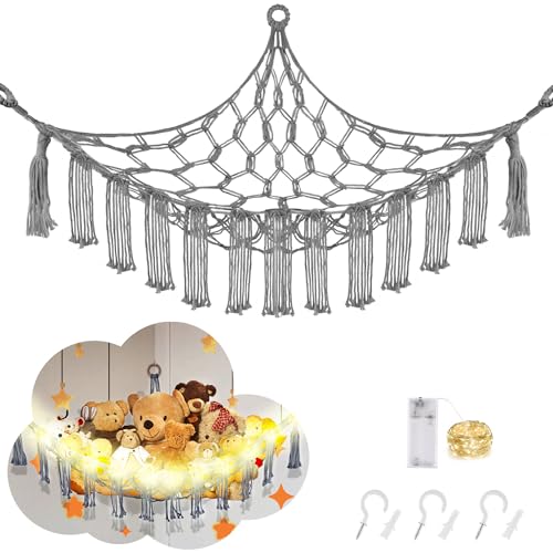 CERETIA Stuffed Animal Hammock with LED Light, Large Stuffed Animals Storage Corner Plushie Net for Kids Room Decor, Jumbo Grey - color: Grey, size: Jumbo-(Package of 1)