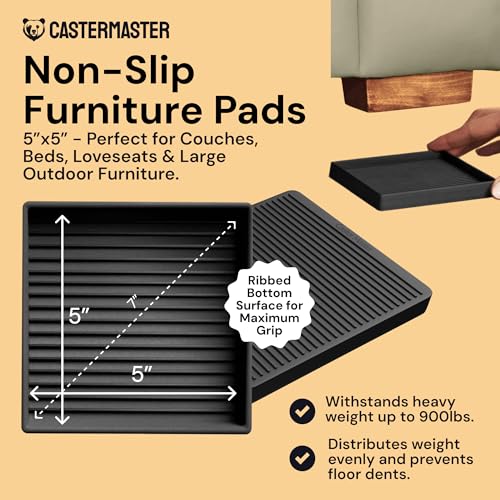 CasterMaster Non-Slip Furniture Pads - 5x5 in Black, 4 Pack | Heavy-duty rubber feet - noise-dampening, anti-skid - Use for furniture on hardwood floors - color: Black, size: 5'' x 5'' (Pack of 4)