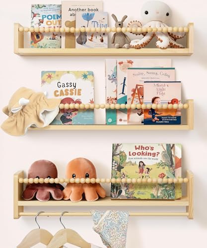 Nursery Book Shelves for Wall 24inch Set of 3, Natural Wood Bookshelf Wall Decor, Floating Shelf Organizer for Kids Room, Bedroom, Kitchen Spice Rack - color: Natural, size: 24 inch