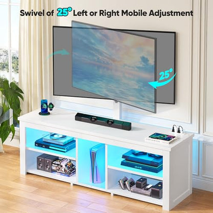 TV Stand with Mount for 55/65/70 Inch TVs Wood TV Stands for Living Room with Power Outlet & LED Lights Entertainment Center Gaming Console for Bedroom, Height Adjustable Swivel TV Mount, White - color: White
