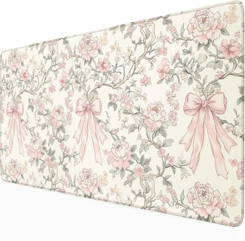 Floral Desk Mat Vintage Chinoiserie Large Mouse Pad Coquette Aesthetic Office Decor Flower Pink Bow Gaming Pad Cottagecore Desk Decor - color: A8- Pink Bow