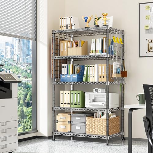 DurayLoly Storage Shelves with Hooks, Metal Shelving 5 Tier Adjustable, Storage Rack 530LBS, Chrome, Metal Shelf Easy Assemble, Wire Shelving for Kitchen, Pantry, 29.5" W x 11.8" D x 59.1" H