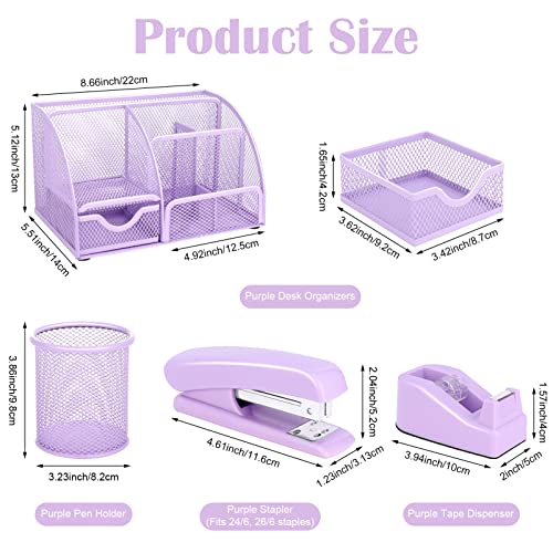 Purple Mesh Desk Organizer and Accessories, Purple Office Supplies 7 Compartments Desk Organizer with Stapler,Tape Dispenser,1000 Staples,Pen Holder,Staple Remover,Clips,Ruler,Scissors - color: Purple