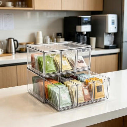 Prsildan Tea Bag Organizer K Cup Holder Drawer Coffee Pods Storage, 2 Pack | Clear Acrylic, Stackable, Pull Out, For Kitchen Office Craft Art Supplies Hair Accessories Makeup Small Items - style: Style3-6Drawers