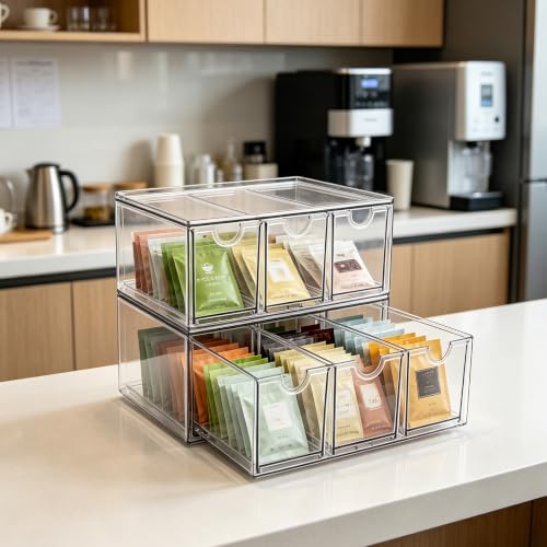Prsildan Tea Bag Organizer K Cup Holder Drawer Coffee Pods Storage, 2 Pack | Clear Acrylic, Stackable, Pull Out, For Kitchen Office Craft Art Supplies Hair Accessories Makeup Small Items - style: Style3-6Drawers