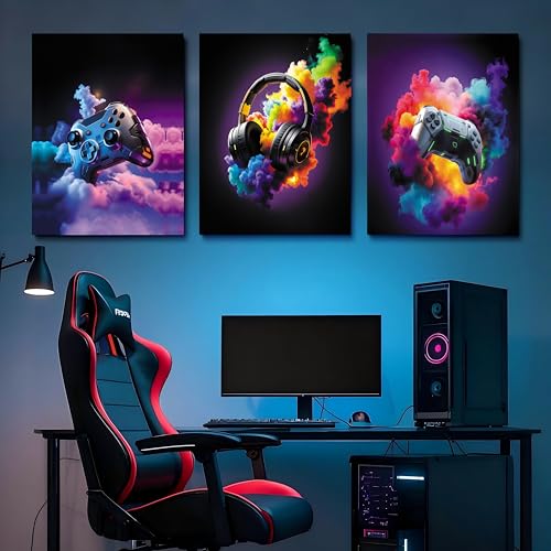 TimAsh Framed Gaming Room Decor Canvas Wall Art Set of 3 Gamepad Headphones Wall Decor Video Gaming Esports Theme Picture Prints for Teen Boys Game Room Play Room Kids Bedroom 24L x 16W - size: 24L" x 16W"