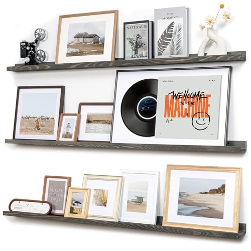 FLYJOE Picture Ledge Wall Shelves 48 Inches Width Set of 3, Solid Pine Wood Rustic Floating Ledge for Kids' Room Bedroom Kitchen Bathroom, Long Floating Shelves for Wall Decor, Grey - color: Grey, size: 48'', set of 3
