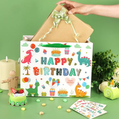 Hooqict Large Dinosaur Gift Bag Happy Birthday Gift Bag with Handles, Wrapping Tissue Paper and Greeting Cards for Kids Boys 1st 2nd 3rd Dinosaur Birthday Party Supplies Baby Showers - color: Dinosaur