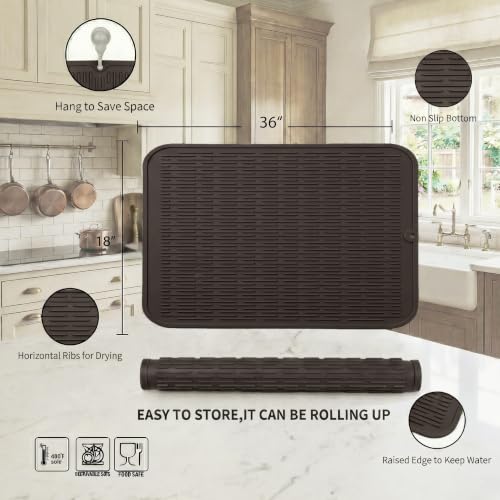 MicoYang Silicone Dish Drying Mat for Multiple Usage,Easy clean,Eco-friendly,Heat-resistant Silicone Mat for Kitchen Counter or Sink,Refrigerator or Drawer Liner Coffee 5XL 36inches x 18inches - color: Coffee, size: 36"L x 18"W