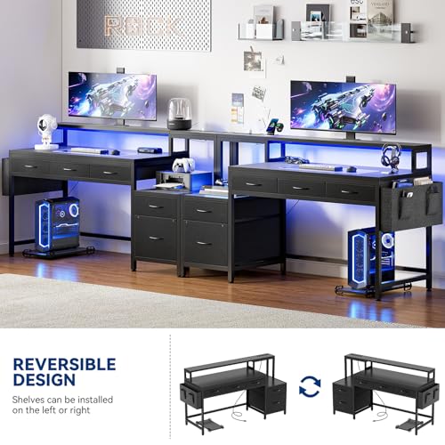 REAHOME 61 Inch Gaming Desk with Charging Station and LED Lights, Reversible Computer Desk with Storage Drawer and Monitor Stand, Modern Desk Table with File Cabinet & Side Pocket, Carbon Fiber Black - color: Carbon Fiber Black