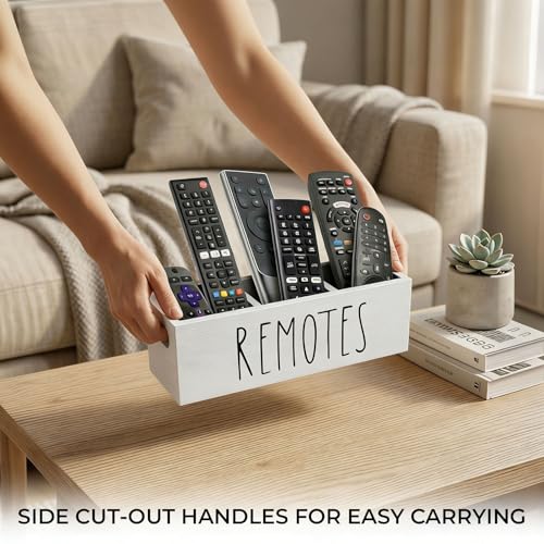Remote Control Holder, Farmhouse Remote Storage Caddy, Bedside TV Controller Box, Rustic Wood Media Organizer Tray for Home Bedroom Table (White) - color: White