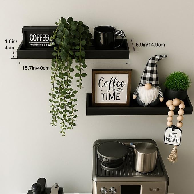Floating Shelves with Raised Lip for Wall, 15.7 Inch Black Wooden Floating Wall Shelves, Set of 2, Wall Shelves for Bedroom Bathroom Living Room, Rustic Storage Display Shelves - color: Black