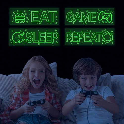 4 Pcs Glow in The Dark Neon Game Wall Stickers, Boys Gamer Room Wall Decals, EAT Sleep Game Repeat Gaming Wall Art Sticker, Kids Bedroom PlayRoom Nursery Party Decoration (Green) - color: Luminescent-043wscp-green