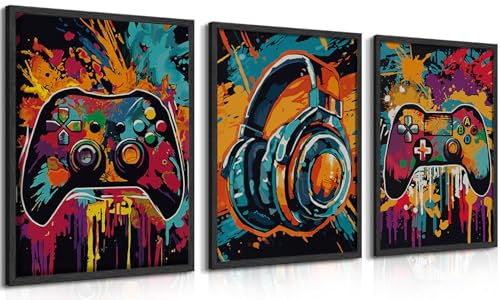 MUWAK 3Pcs Cool Gaming Wall Art Set, Retro Video Game Neon Gamepad Watercolor Canvas Prints for Boys Room, Teen Gaming Pictures Wall Decor, Gamer Painting Art for Kids Bedroom 16x24 inch Unframed - color: Graffiti-style Game Posters, size: Poster 16x24 in
