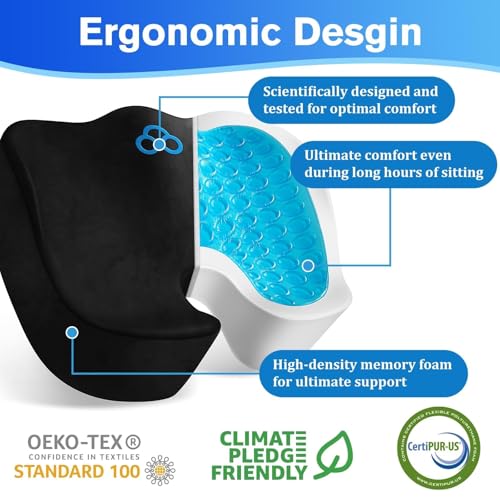 CushyOasis Seat Cushion, Gel Chair Cushions, Office Chair Cushions, Anti-Slip Bottom & Removable Cover Tailbone Pain Relief Cushion, Memory Foam Seat Cushion for Office, Wheelchair, Car (Black) - color: Black, size: Large