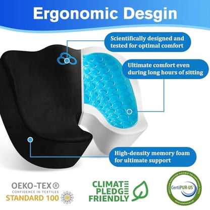 CushyOasis Seat Cushion, Gel Chair Cushions, Office Chair Cushions, Anti-Slip Bottom & Removable Cover Tailbone Pain Relief Cushion, Memory Foam Seat Cushion, 5.28 in Thick (Black) - color: Black, size: X-Large