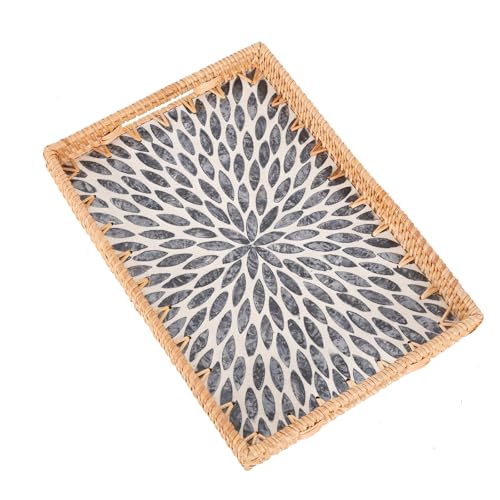 Rectangle Rattan Tray with Mother of Pearl Inlay, Rattan Serving Tray with Handle for Coffee, Bread, Fruits, Snacks, Decorative Wicker Tray for Table Decor (Rectangle Black Leaf, 13"×9") - color: Black Leaf
