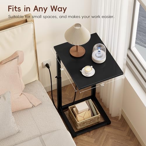 Vagusicc C Shaped End Table with Charging Station, 33"Tall C-Table End Table Adjustable Height Side Table for Couch, Couch Table That Slide Under Sofa Table TV Tray Table for Living Room,Bedroom,Black - color: Black, style: Charging Station