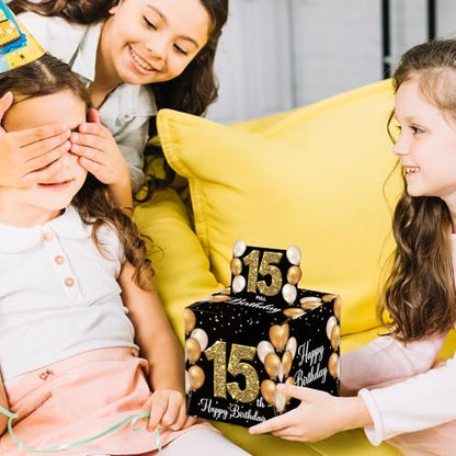VIVORA 15th Birthday Money Box for Cash Pull, Happy Birthday Black Gold Boxes Gifts for Money Pull Out Card, 50Pcs Transparent Bags - color: Blackgold15th