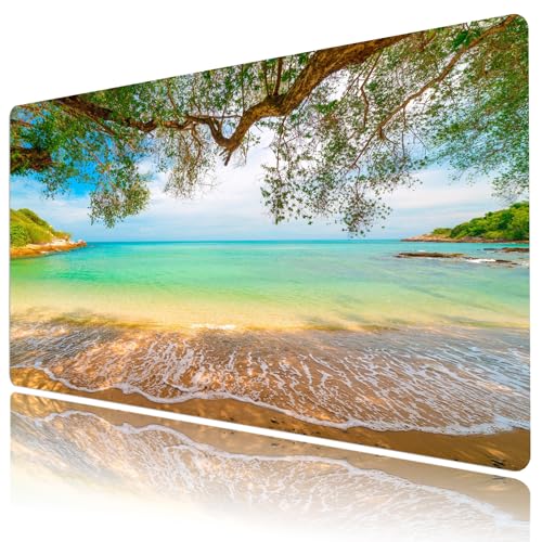 EOBTAIN Beach Mouse Pad Nature Large Extended Gaming Mouse and Keyboard Pad 31.5x15.7 Inch Non-Slip Rubber Extended XXL Mousepad for Office Laptop Computer and Home Desk Mat with Stitched Edges - color: Green