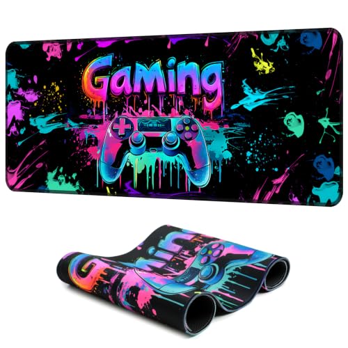 Gaming Mouse Pad, X-Large Waterproof Blacklight Colorful Splatter Art Game Controller Non-Slip Rubber Base Mousemat, Glow in the Dark Desk Mat for Office Home - 31.5 x 11.8 inches - color: Gamer A