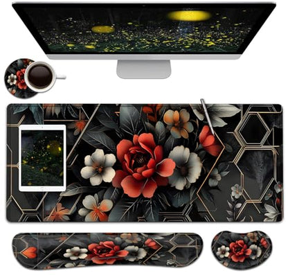 Large Mouse Pad + Keyboard Wrist Rest Set, Extended Gaming Mousepad (31.5X11.8 inch) with Non-Slip Rubber, Ergonomics Memory Foam Mouse Wrist Rest Support, Futurist Flowery Floral XXL Desk Pad - color: Yu-Mouse Pad-3-B33