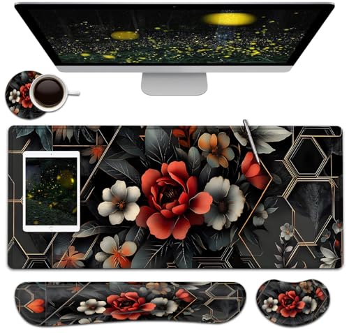 Large Mouse Pad + Keyboard Wrist Rest Set, Extended Gaming Mousepad (31.5X11.8 inch) with Non-Slip Rubber, Ergonomics Memory Foam Mouse Wrist Rest Support, Futurist Flowery Floral XXL Desk Pad - color: Yu-Mouse Pad-3-B33