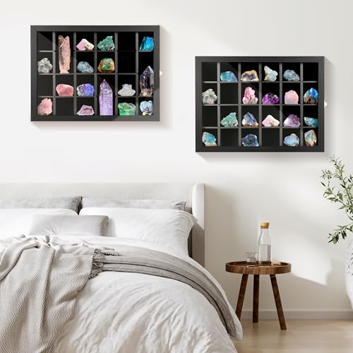 Adjustable Rock Display Case Wall Mounted, Crystal Collection Box with Shelves, Wooden Rock Collection Box for Kid and Collectibles