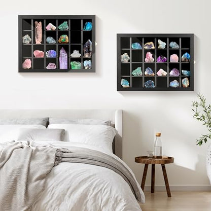 Adjustable Rock Display Case Wall Mounted, Crystal Collection Box with Shelves, Wooden Rock Collection Box for Kid and Collectibles
