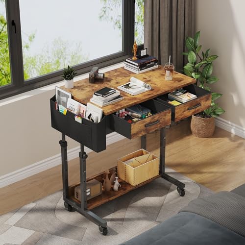 Small Portable Standing Rolling Desk - 32 Inch Adjustable Mobile Stand Up Teacher Desks with 2 Fabric Drawers on Wheels, Couch Sofa Side Laptop Table with Storage for Bedroom Home Office, Rustic Brown - color: Brown, size: 31.5"