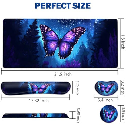Large Mouse Pad + Keyboard Wrist Rest Set, Extended Gaming Mousepad (31.5X11.8 inch) with Non-Slip Rubber, Ergonomics Memory Foam Mouse Wrist Rest Support, Beautiful Butterfly Pattern XXL Desk Pad - color: Yu-Mouse Pad-3-B44