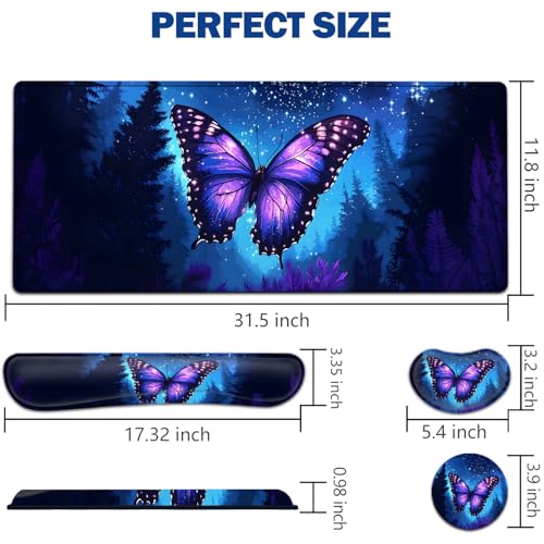 Large Mouse Pad + Keyboard Wrist Rest Set, Extended Gaming Mousepad (31.5X11.8 inch) with Non-Slip Rubber, Ergonomics Memory Foam Mouse Wrist Rest Support, Beautiful Butterfly Pattern XXL Desk Pad - color: Yu-Mouse Pad-3-B44