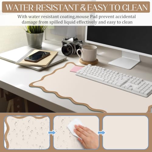 Hahafelt Scalloped Desk Mat Large Desk Pad Cute Coquette Table Mat Back to School Preppy Table Make up Pad Nonslip Graduation Gift with Stitching Waterproof Gaming(Beige,23.6 x 13.8 Inches) - color: Beige, size: 23.6 x 13.8 Inches